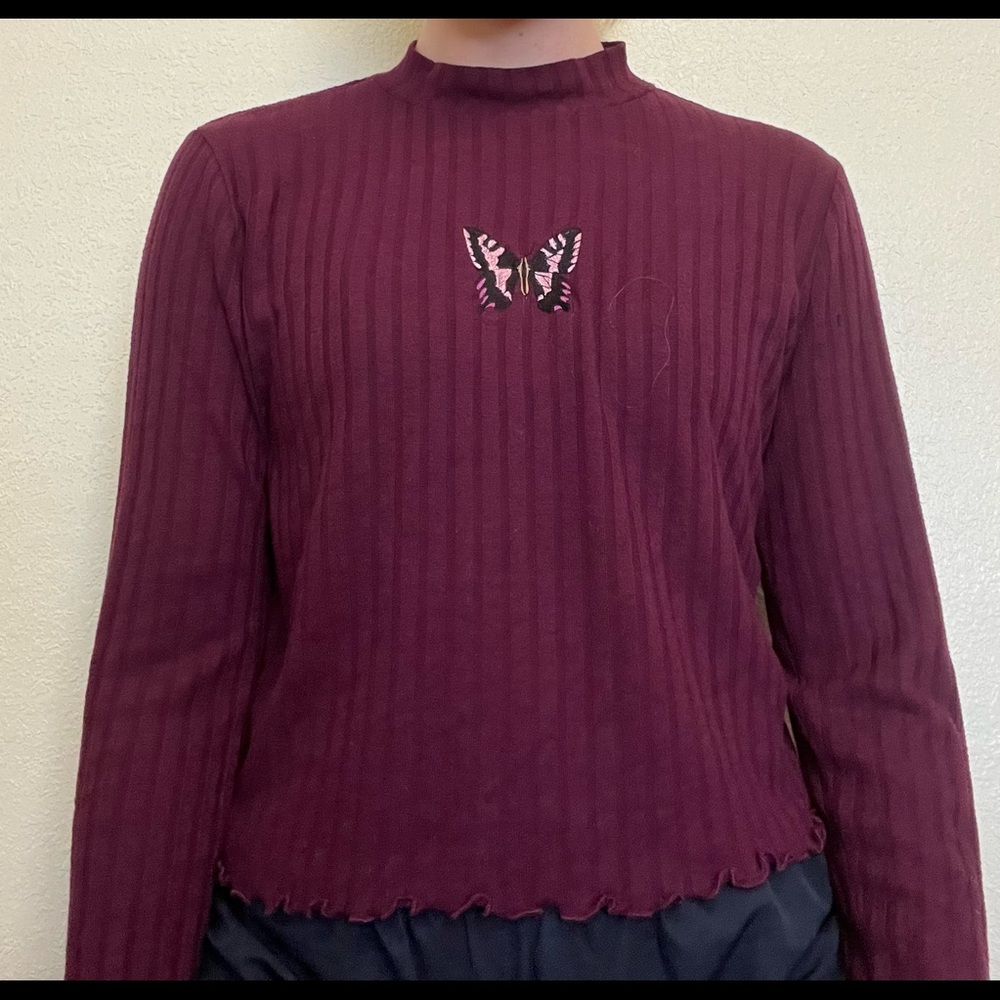Long Sleeve Purple Shirt with embroidered butterfly